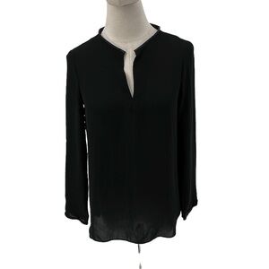 Zara Black Faux Leather Trimmed Long Sleeve Blouse Size XS Women's
